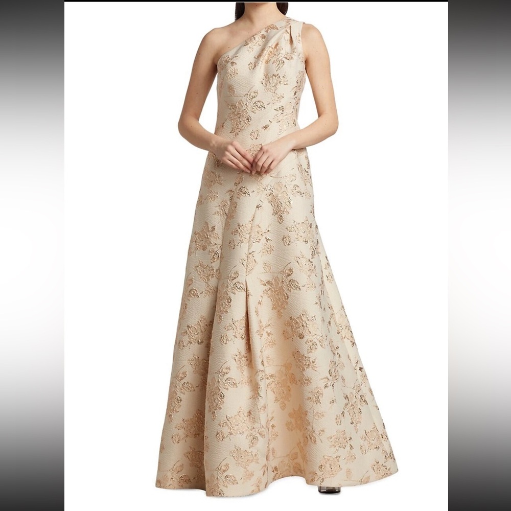 Teri Jon One Shoulder Floral Metallic Jacquard Gown